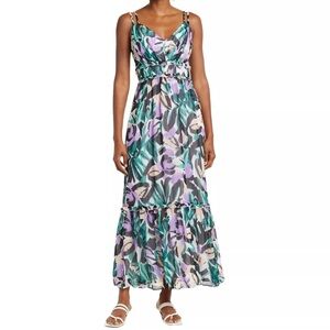 DONNA MORGAN Floral Chiffon Tropical Tiered Midi Maxi Dress Green Purple 18